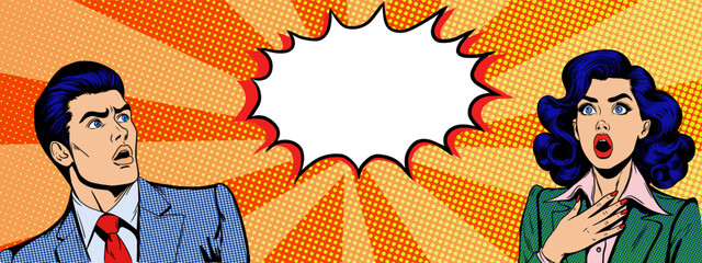 Surprised woman and shocked man in retro pop art comic style on yellow background. Advertising banner template for sale, special offer, announcement, ad. Vintage Vector illustration