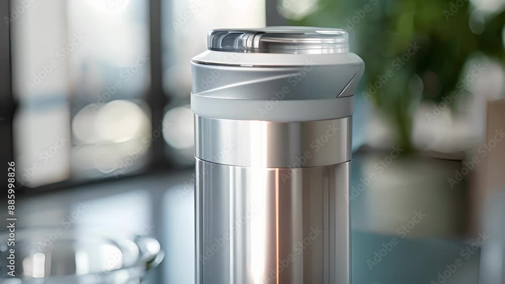 Poster a closeup of the sleek and modern design of a smart hydration bottle with a builtin sensor on the li