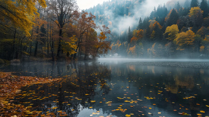 This captivating photograph captures a serene hilly landscape bathed in autumnal colors, shrouded in a gentle fog by the lake. Generative AI