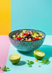 Still life photo featuring cooked quinoa, black beans, red bell pepper, corn kernels, and lime juice with a clean, minimal soft color palette. Clean composition. Copy space.
