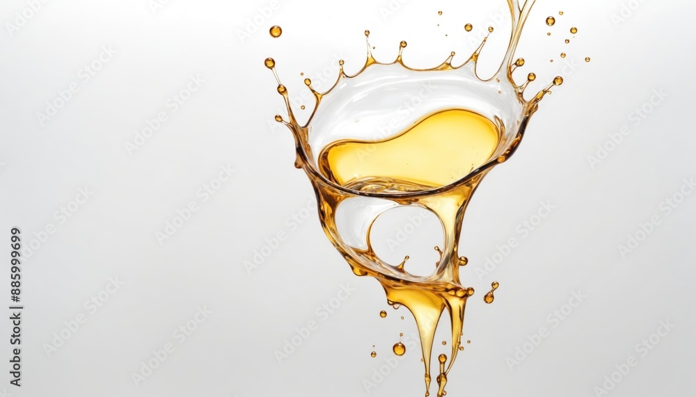 Poster close-up image of liquid splashing and forming unique shape on white background, creating dynamic an