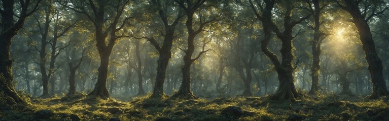 Fototapeta premium Dawn sunlight filtering through a dense forest canopy. The magical light highlights the ancient trees and lush undergrowth