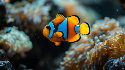 Clown fish with ​​anemone in the deep sea underwater. Anemone fish Nemo background