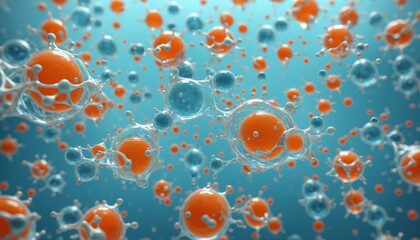 Orange spheres floating in a blue liquid. Their unique shapes, with delicate spikes and bubbles, are highlighted in striking detail