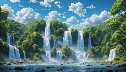 Obraz premium Beautiful lush tropical landscape with cascading waterfalls and a blue sky with fluffy white clouds