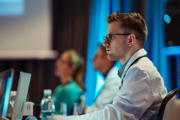 Obraz premium Professional Photography of young doctor participating in a medical conference, Generative AI 