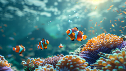 Clown fish with ​​anemone in the deep sea underwater. Anemone fish Nemo background