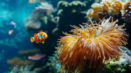 Clown fish with ​​anemone in the deep sea underwater. Anemone fish Nemo background