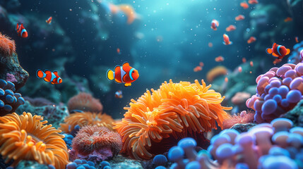 Clown fish with ​​anemone in the deep sea underwater. Anemone fish Nemo background