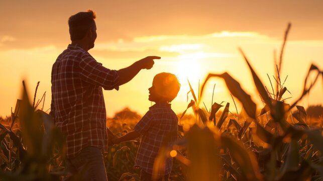 A father and his son stand in a cornfield at sunset. The father points to something in the distance, sharing his knowledge with his son.