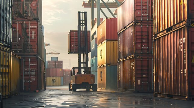A forklift lifts a cargo container in a yard surrounded by stacks of containers, preparing for transportation and logistics.