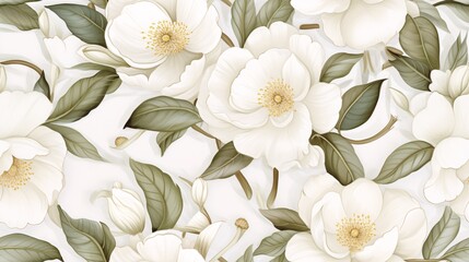 Timeless white camellia flowers and leaves in a seamless watercolor pattern with a luxurious touch