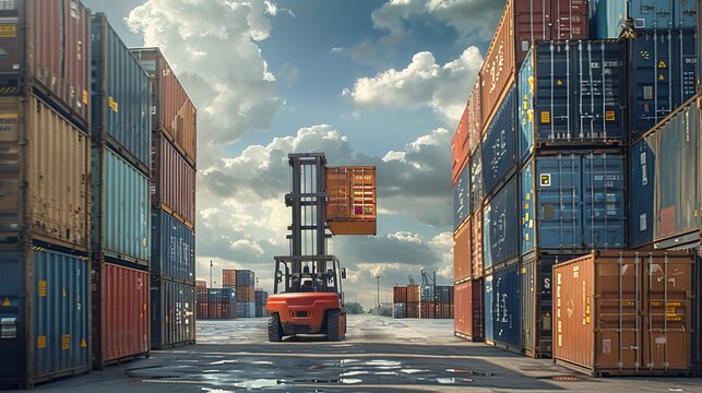 A forklift lifts a cargo container in a yard surrounded by stacks of containers, preparing for transportation and logistics.