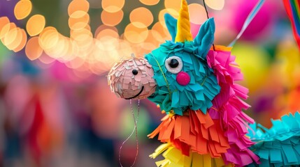 Fototapeta premium A colorful unicorn made of paper is hanging from a string