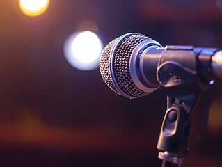 Obraz premium Sleek Microphone on Stand with Spotlight and Blurred Background