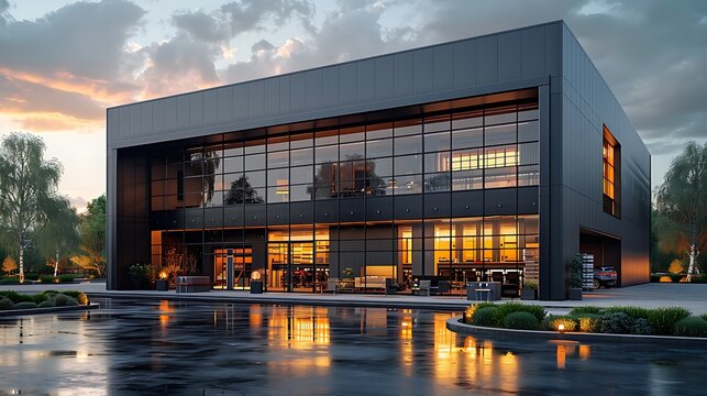 Modern industrial warehouse with office space, commercial flex building exterior, logistics distribution center, contemporary architecture, business property.