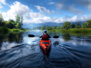 A man in a red kayak is paddling down a river. The sky is cloudy and the water is calm