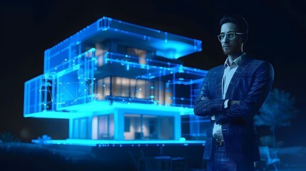 Fototapeta premium Business professional with a futuristic blue hologram of a sleek building, emphasizing real estate investment potential