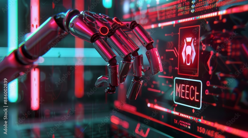 Poster a robot hand clicks on a virtual button with a warning about online security and malware. an ai hand