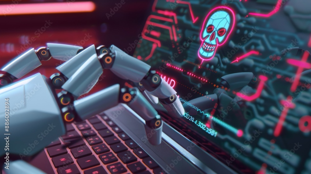 Poster a robot hand clicks on a virtual button with a warning about online security and malware. an ai hand