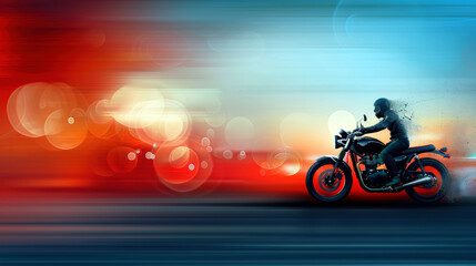 Fototapeta premium A blurred image of a motorcycle rider on a road. The background is a mix of red and blue colors, giving the impression of motion and speed