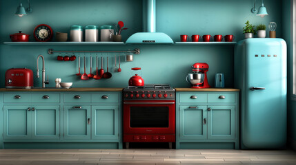 A kitchen with blue cabinets and red appliances. The appliances include a refrigerator, toaster, and oven. The kitchen is well-stocked with various kitchen items such as cups, bowls, and spoons