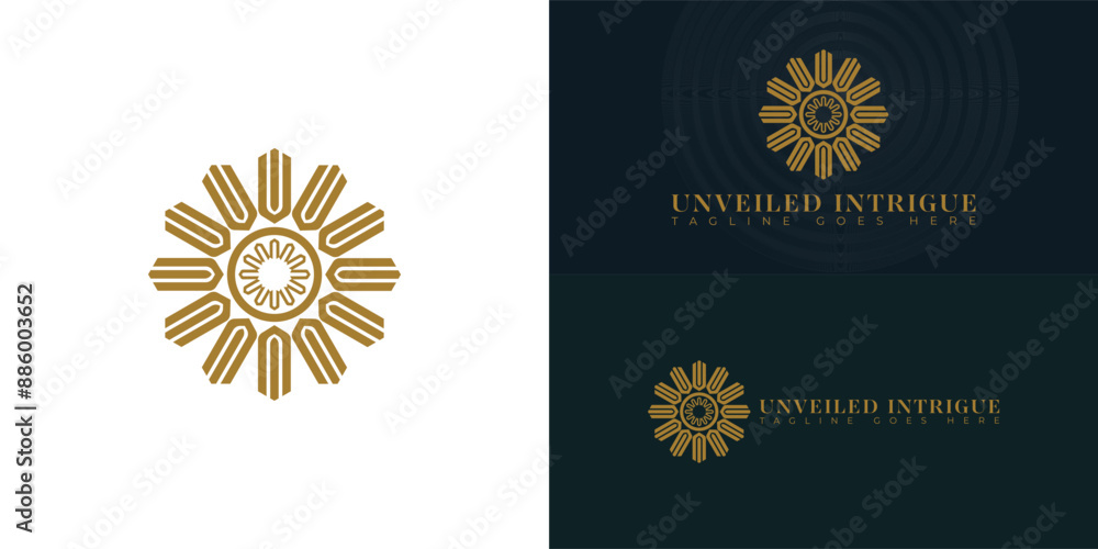 Poster abstract initial spiral letter ui or iu logo in gold color isolated on multiple background colors. t