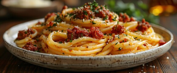 Fototapeta premium Side view of a plate with spaghetti and fried ground meat, Image Background