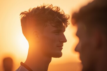 Silhouette of a young man at sunset with a warm golden glow, creating a serene and peaceful atmosphere.