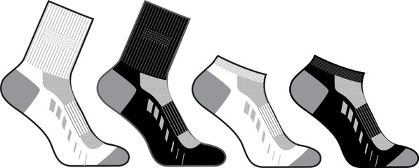 Sport socks flat sketch fashion illustration drawing template mock up, anklet socks and mid calf socks cad drawing for unisex men's and women's, athletic sock design