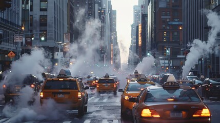 Obraz premium City streets clogged with vehicles, steam from exhausts creating a hazy scene.