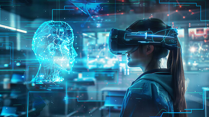 School student with VR headset using AI artificial intelligence technology & machine learning.Interactive technology in classroom. Innovation & smart tech. AI blue hologram in education