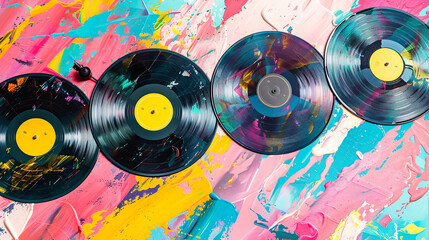 Fototapeta premium Abstract painting vinyl records in whirlwind of colors and textures. Music bright poster