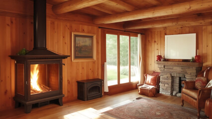 Woodpaneled room with fireplace, armchair, bookshelves, rug and window. 
