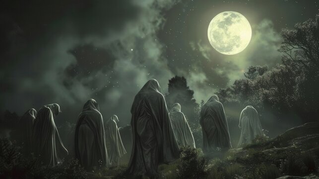 A ghostly procession of medieval monks chanting under a full moon