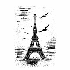 Artistic black and white illustration of the Eiffel Tower with birds in flight, evoking a whimsical Parisian charm.