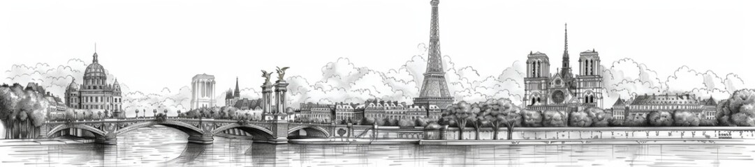 Black and white sketch of Paris city skyline featuring landmarks like the Eiffel Tower, Notre-Dame Cathedral, and bridges over the Seine river.