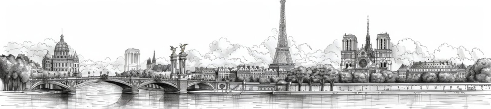 Black and white sketch of Paris city skyline featuring landmarks like the Eiffel Tower, Notre-Dame Cathedral, and bridges over the Seine river.