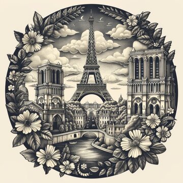 recommend clip art: Circular Linoleum Print of Iconic French Landmarks Arranged in Stylized Design