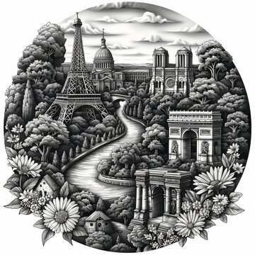 recommend clip art: Circular Linocut Print Showcasing Iconic French Landmarks in Monochrome Stylized