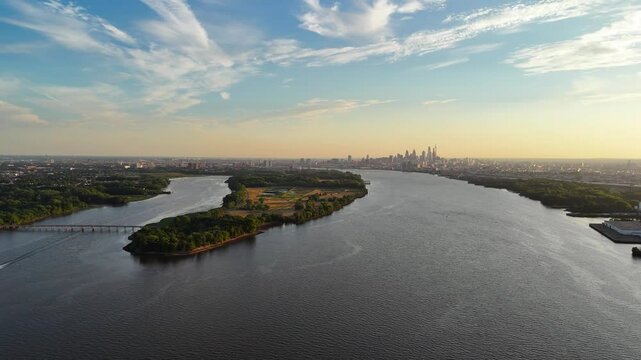 Aerial Flight on Delaware River Towards Center City Philadelphia