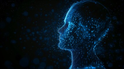 3D hologram with wireframe of human head, black solid color background, bokeh lights, copy space.