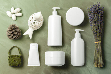 Cosmetics SPA branding mock-up, front view, on gray background, place your design