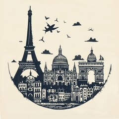 Obraz premium Iconic French Landmarks Arranged in a Circular Linocut Print Design for Apparel and Stationery