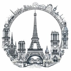Fototapeta premium Iconic French Landmarks Arranged in a Detailed Woodcut Style Circle Design for T Shirt Prints