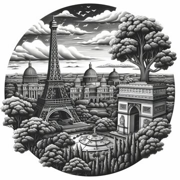 recommend clip art: Iconic French Landmarks Arranged in a Circular Linocut Style Graphic Design for T Shirt and Notepaper Cover