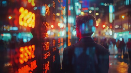 Man in suit reflected on a screen displaying financial data, city lights in the background, capturing the essence of urban business environment.