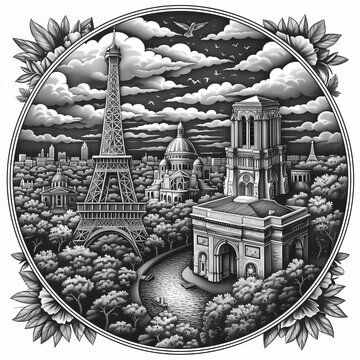 recommend clip art: Iconic French Landmarks in a Linocut Style Circular Design for Apparel and Stationery