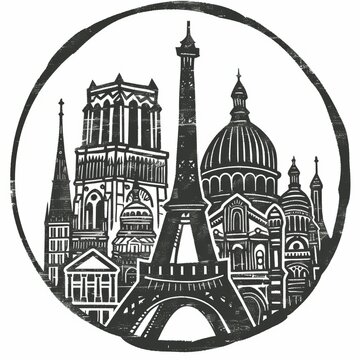 recommend clip art: Iconic French Landmarks in Linocut Style Graphic for T Shirt and Notepaper Design