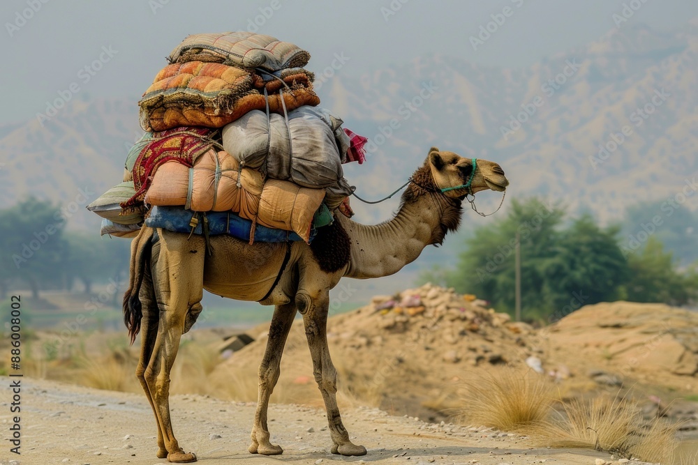 Poster camel is transporting bundles on its back in a hot and arid landscape